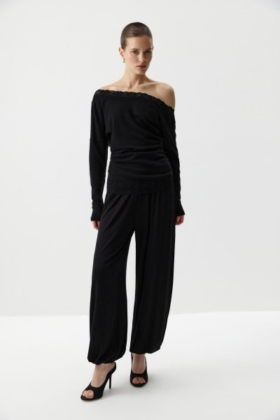 Лонгслив с кружевом из мягкого трикотажа (Черный) (M) 