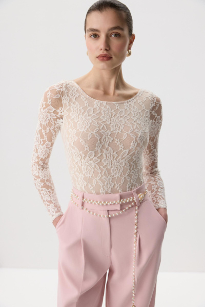 Боди из эластичного кружева с длинным рукавом (Молочный) (M) 