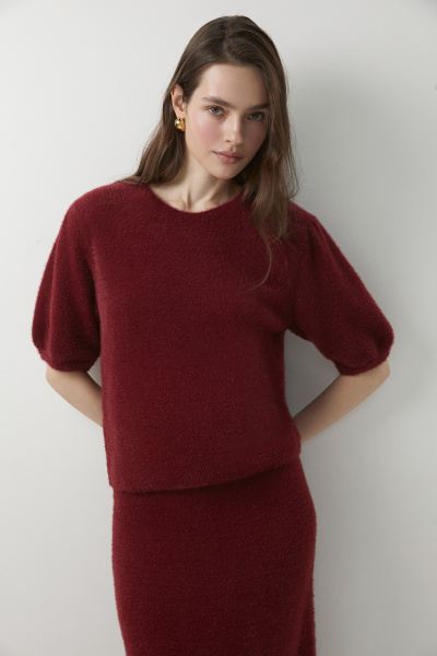 Джемпер с рукавами буфами из пушистой пряжи (бордовый) (M/L) 