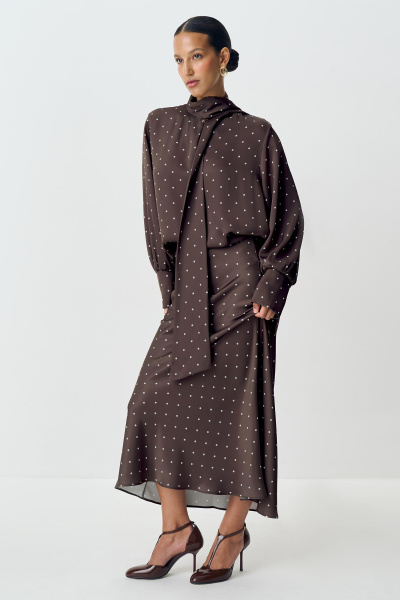 Юбка миди из сатина в горох (шоколадный) (M) 