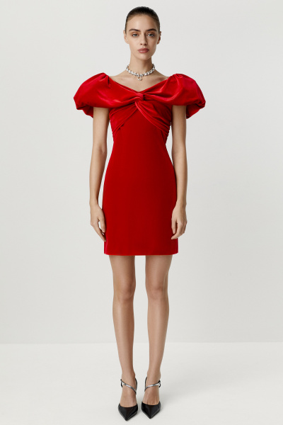 Платье мини из бархата с открытыми плечами (красный) (S) 