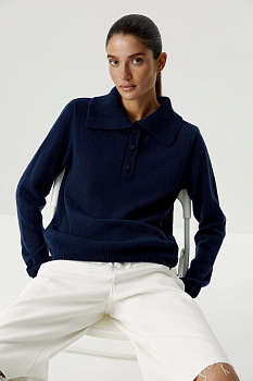 Поло ажурной вязки с длинным рукавом (темно-синий)