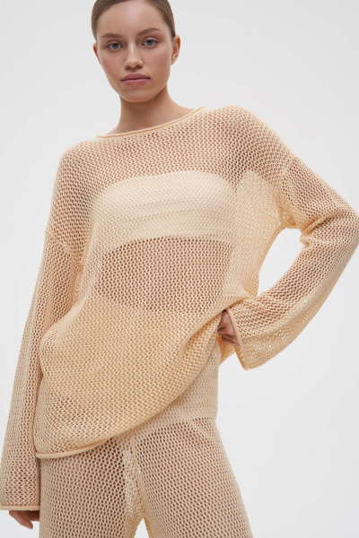 Джемпер вязаный ажурный из хлопка (XS/S, соломенный) 