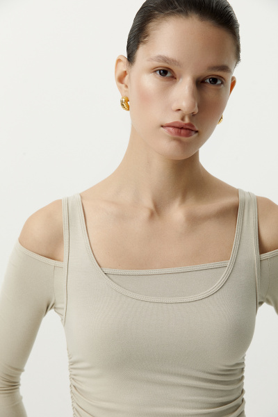 Лонгслив двойной с открытыми плечами (бежевый) (XS)