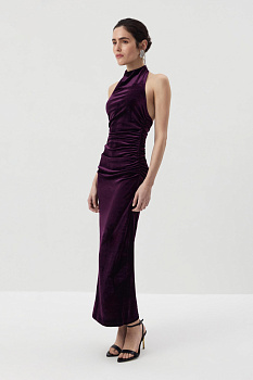 Платье  макси с воротником халтер из бархата (Сливовый)