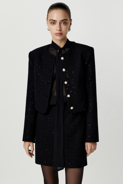 Жакет укороченный из твида с пайетками (черный) (M) 