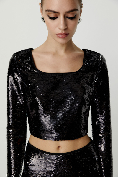 Топ укороченный из ткани с пайетками (черный) (M) 