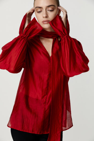 Блуза с объемным рукавом из полупрозрачной ткани (бордовый) (M) 