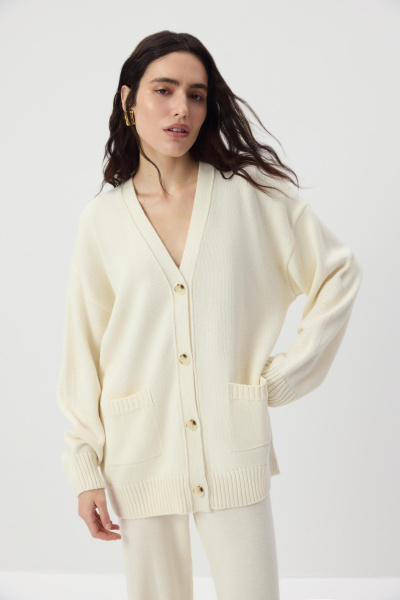 Кардиган с округлыми рукавами с шерстью (Молочный) (M/L) 