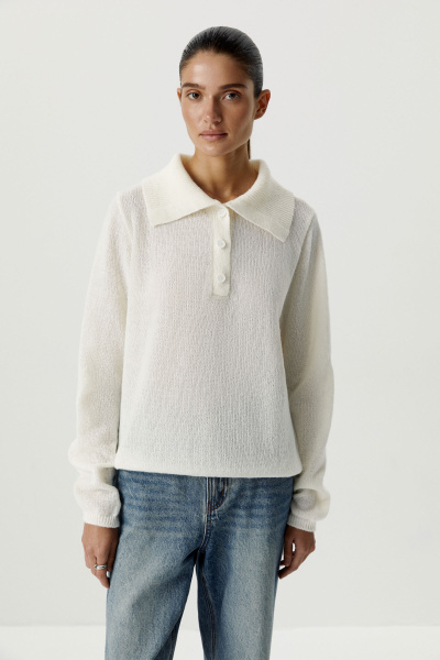 Поло ажурной вязки с длинным рукавом (молочный) (M/L)