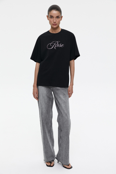 Футболка оверсайз со стразами Rose (M/L, черный) 2159