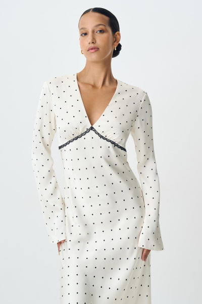 Платье с кружевом из сатина в горох (ванильный) (S)