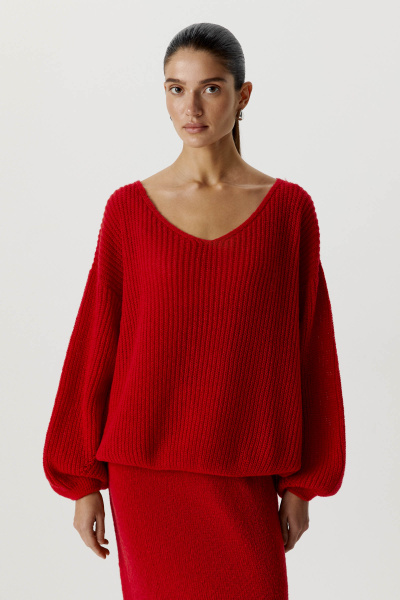 Джемпер с V-образным вырезом ажурной вязки (one size, алый) 
