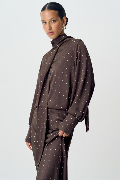 Блузка с бантом из сатина в горох (шоколадный) (M) 