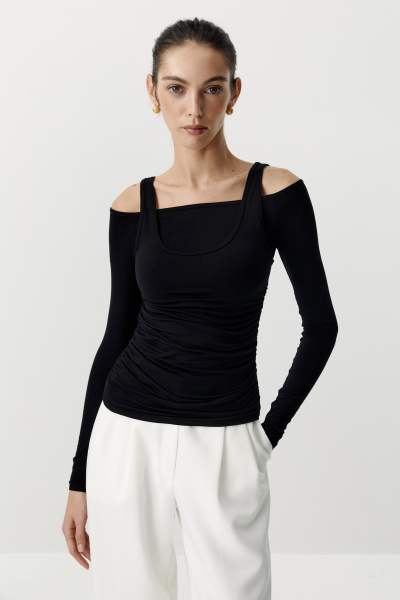 Лонгслив двойной с открытыми плечами (чёрный) (XS) 