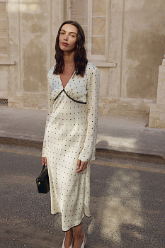 Платье с кружевом из сатина в горох (ванильный)