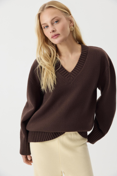 Джемпер V-neck из шерсти мериноса  (Шоколадный) (one size) 
