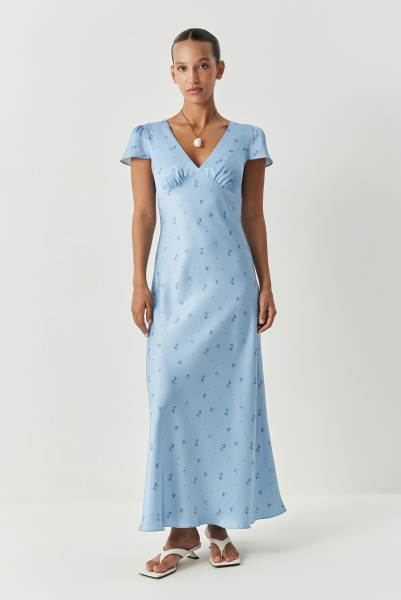 Платье из сатина с принтом (голубой) (XS)