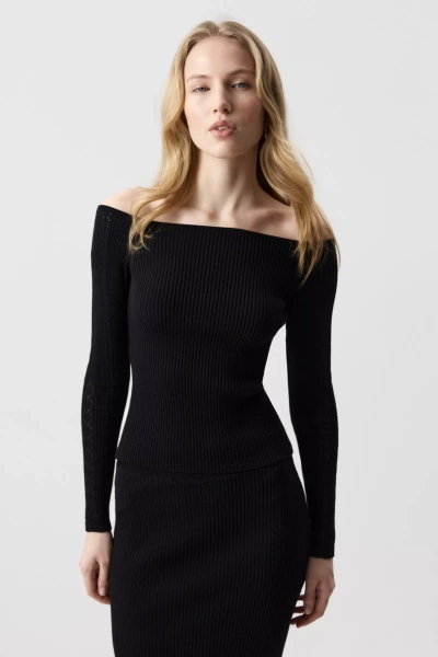 Лонгслив вязаный с ажурным рисунком (Черный) (M) 