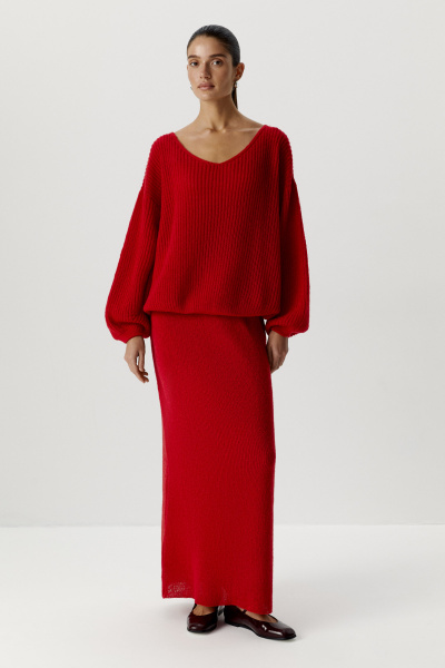 Джемпер с V-образным вырезом ажурной вязки (one size, алый) 