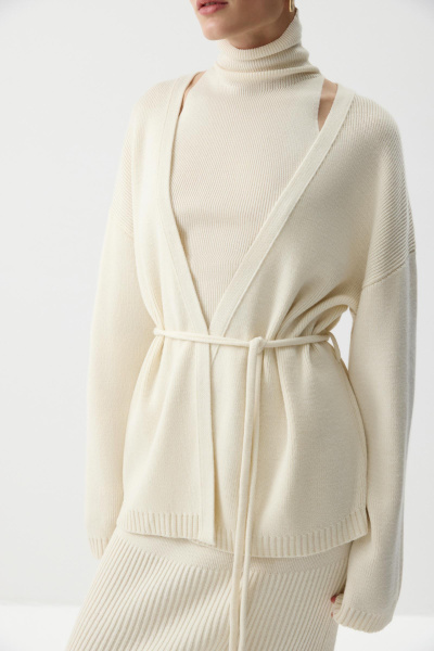 Кардиган из шерсти с поясом (Молочный) (M/L) 