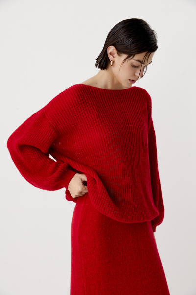 Джемпер оверсайз ажурной вязки (красный) (XS/S)