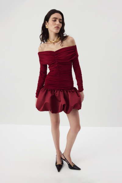 Платье с драпировкой и юбкой-баллон (Винный) (XS) 