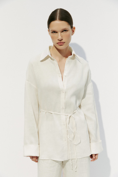 Рубашка с тонким поясом изо льна (XS, кремовый) 2177
