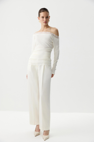 Лонгслив с кружевом из мягкого трикотажа (Молочный) (S) 