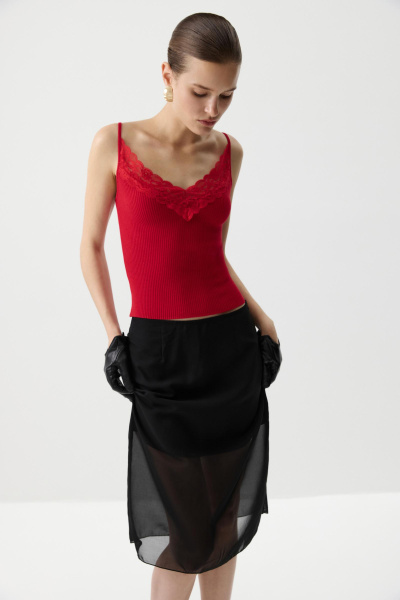 Топ вязаный с кружевом (Красный) (M) 