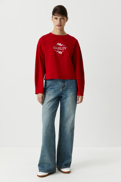 Лонгслив укороченный с цветочным принтом (красный) (XS) 