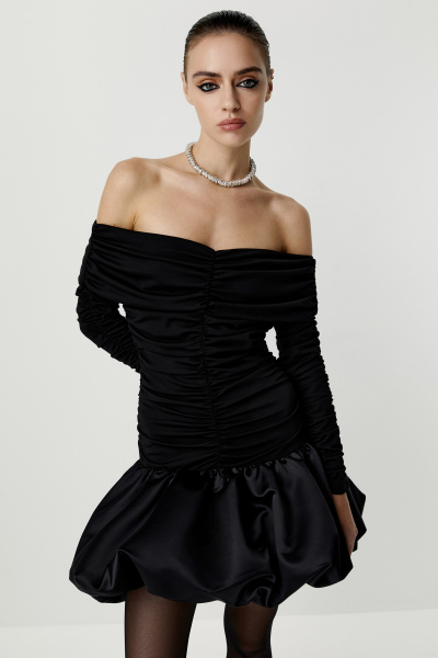 Платье с драпировкой и юбкой-баллон (черный) (XS) 