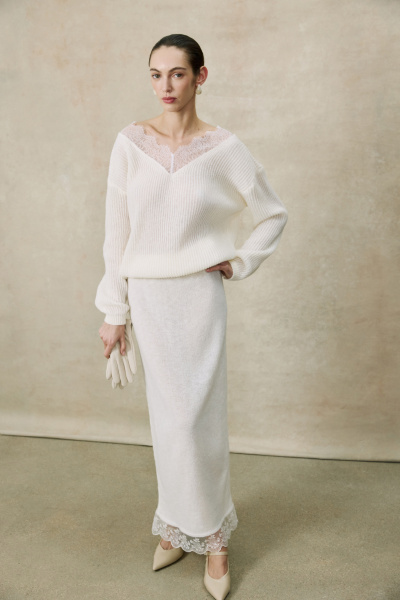 Юбка прямая с ажурным кружевом (Молочный) (M) 