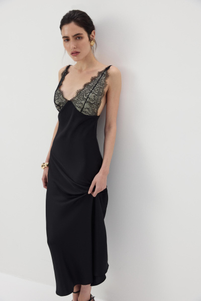 Платье из сатина с кружевом (Черный) (M) 