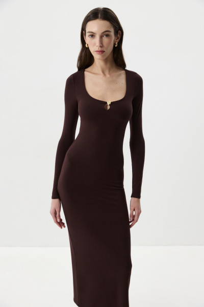 Платье миди с декоративным элементом (Шоколадный) (M) 