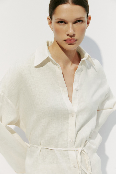 Рубашка с тонким поясом изо льна (XS, кремовый) 2177