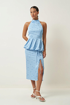 Юбка миди с завязками с принтом (голубой)