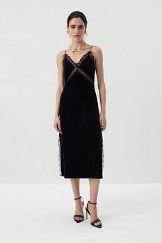 Платье миди из бархата с кружевом (Черный)