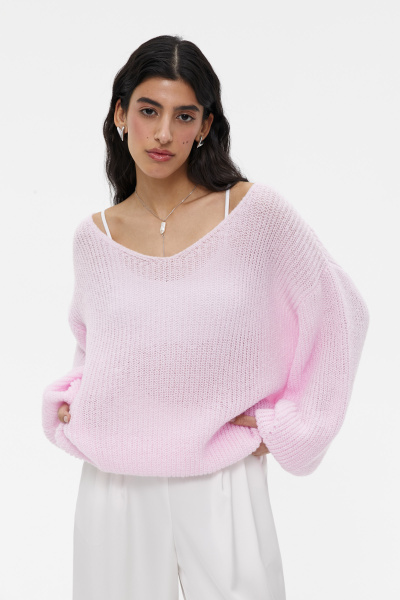 Джемпер с V-образным вырезом ажурной вязки (one size, барби)