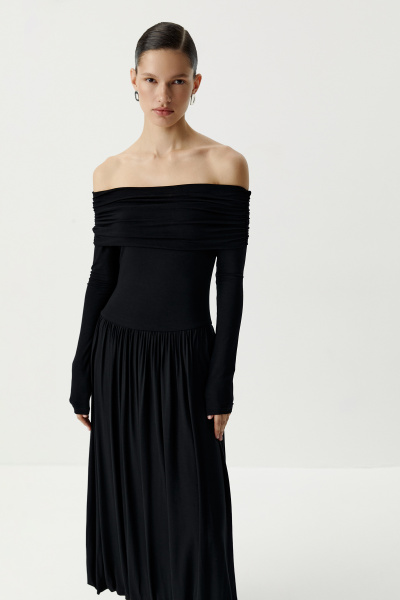 Платье баллон с драппировкой на плечах (черный) (S)