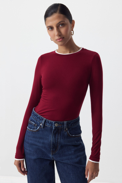 Лонгслив с контрастной отделкой (бордовый) (M) 