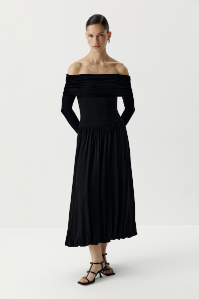 Платье баллон с драппировкой на плечах (черный) (S)