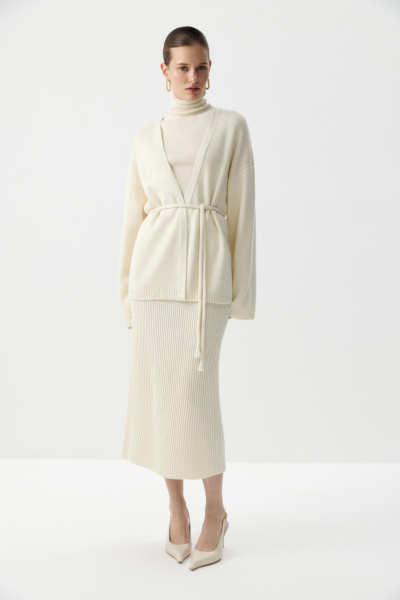 Кардиган из шерсти с поясом (Молочный) (M/L) 
