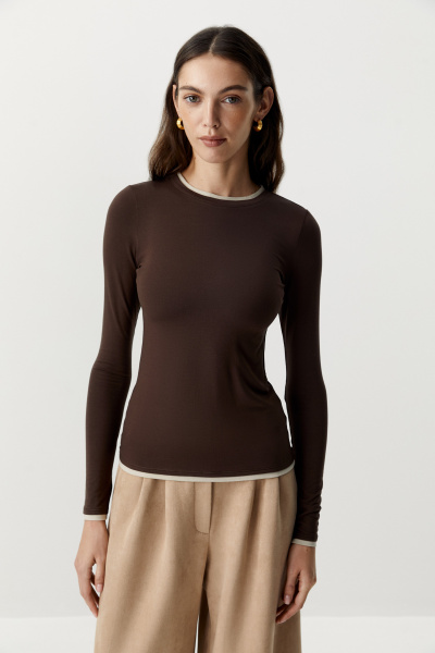 Лонгслив с контрастной отделкой (коричневый) (XS) 