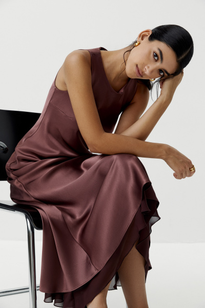 Платье двухслойное из сатина и шифона (коричневый) (XS) 