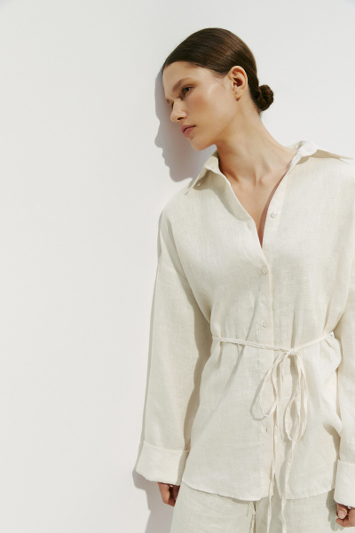 Рубашка с тонким поясом изо льна (XS, кремовый) 2177