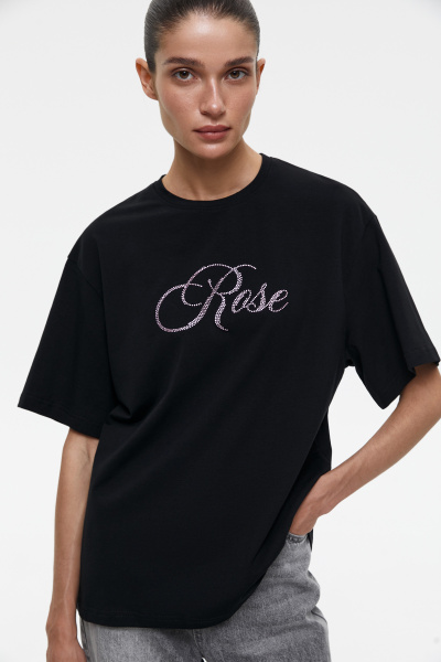 Футболка оверсайз со стразами Rose (M/L, черный) 2159