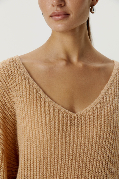 Джемпер с V-образным вырезом ажурной вязки (one size, бежевый)