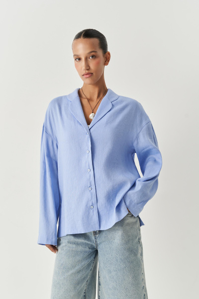 Рубашка изо льна с круглыми лацканами (голубой) (XS/S)