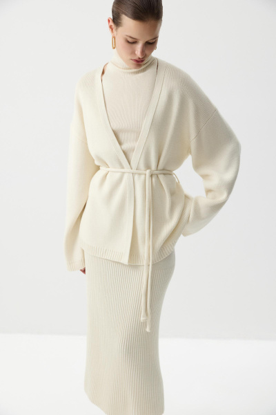 Кардиган из шерсти с поясом (Молочный) (M/L) 
